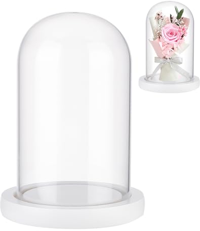 nbeads Ewige Blume Glas Display Kuppel Cloche, Glas-Display mit Weißem Holzsockel Glockenglas Cloche für Valentinstag Muttertag Blumendekorationen Basteln, 11.3x16.3cm