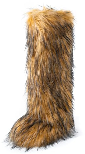 IXU Women's Faux Fur Boot Furry Fluffy Round Toe Suede Winter Comfy Plush Warm Short Outdoor Indoor Flat Shoes Knee-High Boots