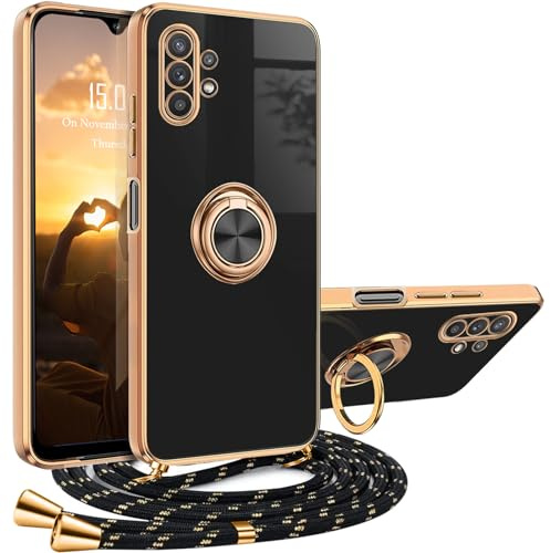 XCYYOO Handykette Samsung Galaxy A32 5G Hülle mit Band Samsung Galaxy A32 5G Handyhülle mit Band Luxuriös Galvanisierte Kratzfest Schutzhülle Silikon Bumper Stoßfest Dünn Case mit Ring Ständer