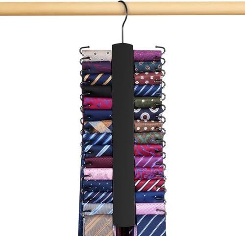 OMHOMETY 2 Pack Tie Rack, Wooden Tie Hanger for Men Closet, 60 Storage Capacity, Non-Slip Rotatable Tie Organizer, Closet Organizers and Storage, Black