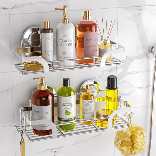 LEVERLOC Shower Caddy Suction Cup, 2 Pack Shower Shelves for Inside, Silver Rustproof Metal Bathroom Storage NO-Drilling Bathroom Organizer with Large Capacity, Heavy Duty Storage Basket