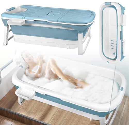 ACXIN Vikbart badkar vuxen fällbart badkar mobilbadkar med skydd avtagbar tvålkorg massagerullar, praktisk och bärbar perfekt för små badrum (148 x 62 x 53 cm)