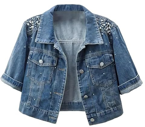 LifeShe Damen Jeansjacke Perlen 3/4 Ärmel Cropped Strass Jeansjacken Trucker Mantel