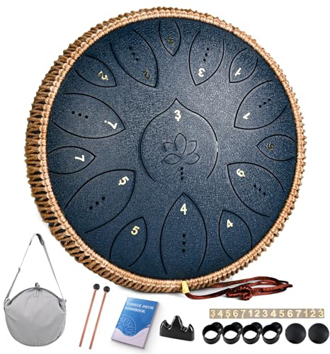 Steel Tongue Drum 13 Inches 15 Notes, Hand Pan Drums for Adults 440hz, C Major Handpan Musical Instrument with Song Book, Mallets and Carry Bag, Navy Blue