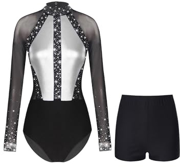 Oyolan Damen Turnanzug Gymnastikanzug Langarm Strass Body mit Kurze Hose Tanz Shorts Eiskunstlauf Training Fitness Bekleidung Dunkelgrau M