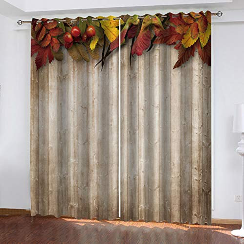 Vorhang Blickdicht Gardinen Mit Ösen, 2 Stücke Verdunklungsvorhänge 3D Rote Blätter Mit Retro-Holzmaserung Muster Thermovorhang Für Kinderzimmer Schlafzimmer Weihnachtsgardinen 210X200cm (HxB)