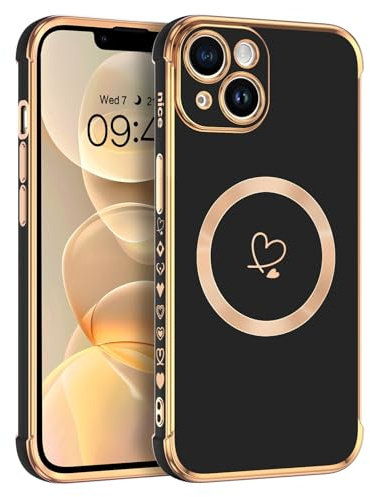 Telaso Magnetische Hülle für iPhone 15, Handyhülle für iPhone 15 Niedliches Herz Muster [ Kompatibel mit MagSafe ] Weiche Plattierung Abdeckung für Frauen, Schutz der Kamera, Schwarz