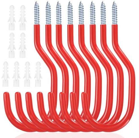 8 Pcs Bike hook for Wall, Garage, Shed, Heavy-Duty Large Screw-In Hook for Garage Ceiling Tool Hanger (Red)