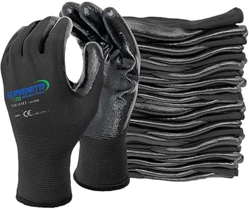 Supreme TTF 24 Pairs PREMIUM NITRILE COATED Black Nylon Work Gloves Builders, Gardening Grip Gloves, Constuction Gloves, Mechanic Gloves (Medium-8)
