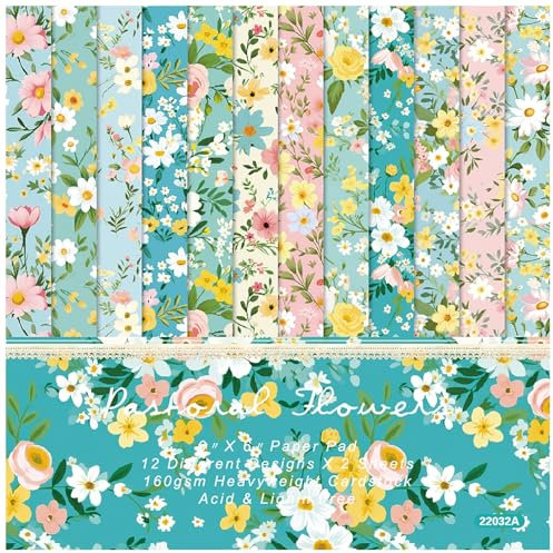 ZAKHSE Scrapbook Papier 15,2×15,2cm, 48 Blatt Frühling Blume Motivpapier Einseitig Bedruckt Designpapier, Gemustert Bastelpapier 160gsm Säurefrei Papierblock für DIY Sammelalbum Handarbeiten