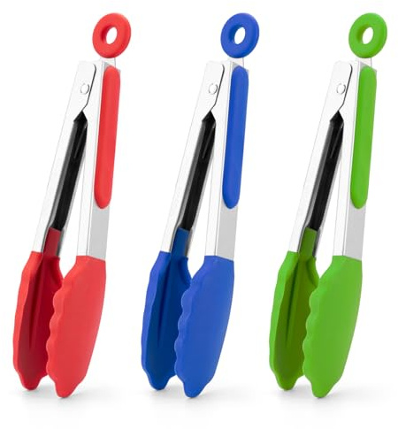 Small Silicone Tongs for Cooking, 3 PCS 7-Inch Mini Serving Tong | 600℉ Heat-Resistant,Non-Stick,Stainless Steel Tongs with Silicone Tips,Cooking Tongs for Salad/Buffet/Serving Food,Heavy Duty