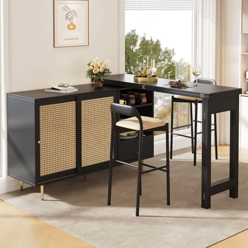 KOMHTOM Central Cuisine avec Rangement et Plan de Travail Table Cuisine Petit Espace, desserte Cuisine avec tiroirs et 2 Portes Table Bar avec Table à Manger et buffets (Noir)(Chaise Non Incluse)