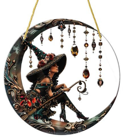 Sun Catchers for Windows, Witch Suncatchers Cat Witch Moon Vintage Acrylic Flat Suncatcher, Window Hanging Decoration Witch Gifts Car Garden Gothic Ornaments(20 * 20 cm)