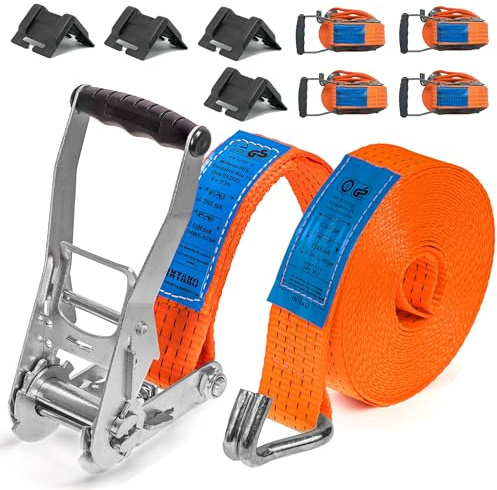 12m x 5000kg x 50mm - 4 Stück Spanngurte Mit Ratsche und Haken Inkl. 4 Stück Kantenschützer - Ladungssicherung Set 5T für LKW - 2 teiler Zurrgurt Breit 50mm- TÜV GS Geprüft - DIN EN 12195-2