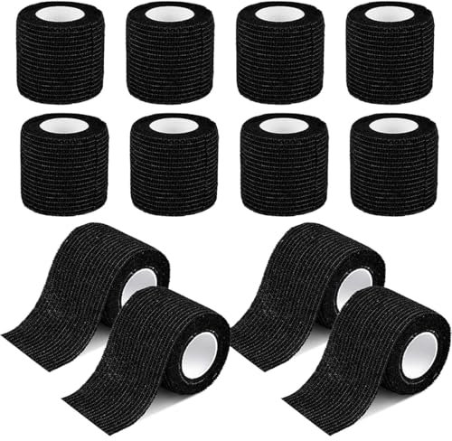 12 Rotoli Benda Elastica Coesiva 5cm x4.5m,Bendaggio Adesiva Coesiva,Garza Autoadesiva Bende Nastro Non Tessuto,per Mani, Piedi, Ginocchia, Braccia (Nero)