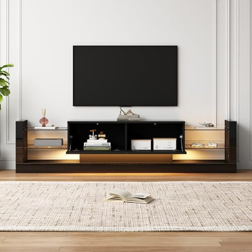 boorbin Mueble de TV con iluminación LED de alto brillo para televisores de hasta 80 pulgadas, con 2 cajones plegables (negro)