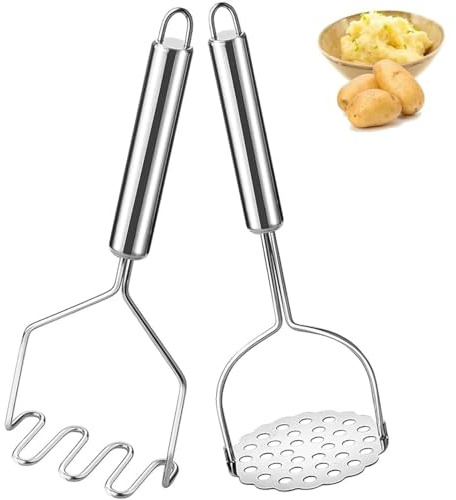 RODISHOMM 2 Stück Kartoffelstampfer Edelstahl，Robuster & Langlebiger Handstampfer mit Ergonomischem Griff für Kartoffelbrei, Avocado, Bohnen