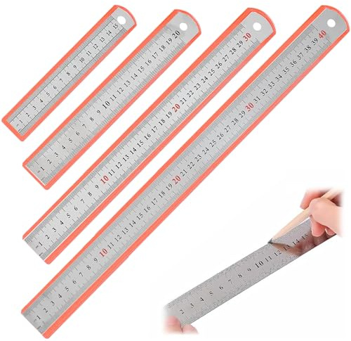 Jiavlyx 4 Pezzi Righello Di Metallo, 15/20/30/40cm Righello in Acciaio Inossidabile, Bilancia A Doppia Faccia Righelli in Metallo (Metrico/Pollice), Con Custodia Protettiva,Per Ingegneria,Insegnamento