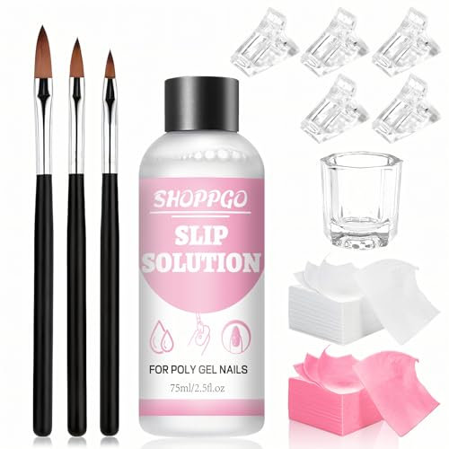 SHOPPGO Slip Solution Polygel, Kit Polygel para Uñas Profesional, Kit uñas Poly Gel Incluir 75ml Nail Extending Gel Slip Solution 3 Cepillos 1 Vaso de Cristal 100 Hojas de Limpieza 5 Clips de Manicura