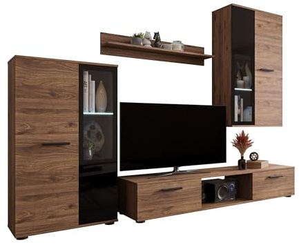 Mirjan24 Wohnwand Salsa, Design Mediawand, Modernes Wohnzimmer Set, Anbauwand, Hängeschrank, Vitrine, TV Lowboard, (Nuss Okapi, mit Blauer LED Beleuchtung)
