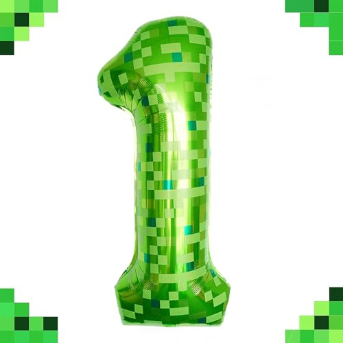 Tourima Riesige Grüne Pixel Miner Thema Folienballon 1, Mining Große Zahlen Luftballon 1 Geburtstag Junge Mädchen, 100 CM 40 Zoll XXL Luftballon 1. Geburtstag, Helium Ballon 1, Luftballon Zahlen