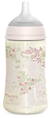 Suavinex, biberon da 270 ml, con tettarella fisiologica SX Pro in silicone, valvola anticolica, flusso medio (M), per liquidi a media densità, latte, succhi o acqua. Neonati +3 mesi. Poetry, Rosa