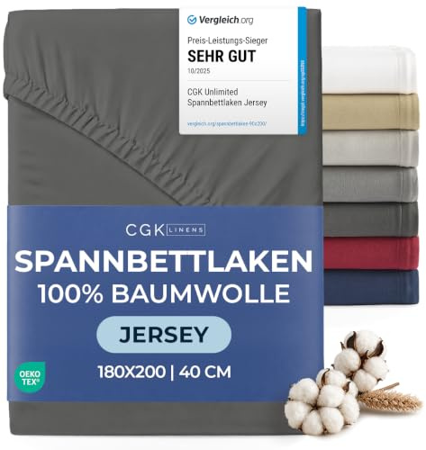 Spannbettlaken Jersey 180x200 - Baumwolle Boxspringbett 40cm - Anthrazit | Spannbetttuch, Rundumgummi, Dehnbar, Weich, Atmungsaktiv, Knitterfrei, Pflegeleicht, Baumwoll-Jersey, Bis 40cm, OEKO-TEX