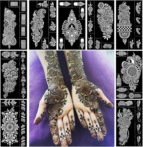 9 Sheet Temporary Tattoo Stencils Kit for Hand, Indian Arabian Self Adhesive Flower Tattoo Templates Reusable Tattoo Stickers for Body Art