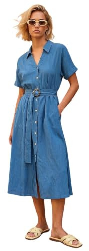 Roman Shirt Dress for Women UK Ladies Short Sleeve Sleeveless Belted Collared Midi Maxi Summer Spring Smart Casual Button Evening Office A Line Swing Skater - Plain Dark Blue - Size 20