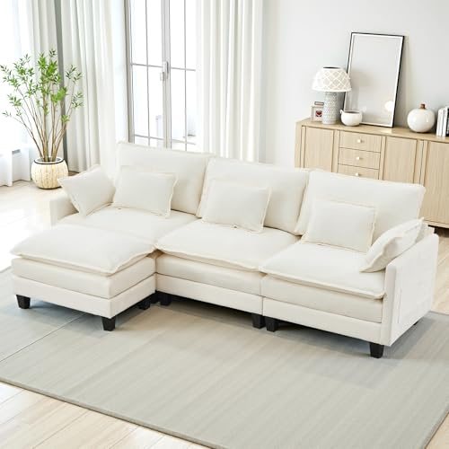TCGBKAF Modulares Sofa mit Schlaffunktion,Chenille Ecksofa Klein mit Dicken Polstern,Sofa L Form Set mit Couch Kissen,Bequemer Sessel Wohnzimmer Couch mit Hocker,Chaiselongue (Beige, 287 cm L-Form)