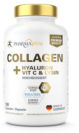 PharmaVital Collagen Hyaluron Kapseln - 90 Tage Vorrat - SOLUGEL® Kollagen Peptide Typ 1 & 3 - Optimiert mit Chondroitin, Vitamin C & Lysin - Produziert & laborgeprüft in Deutschland