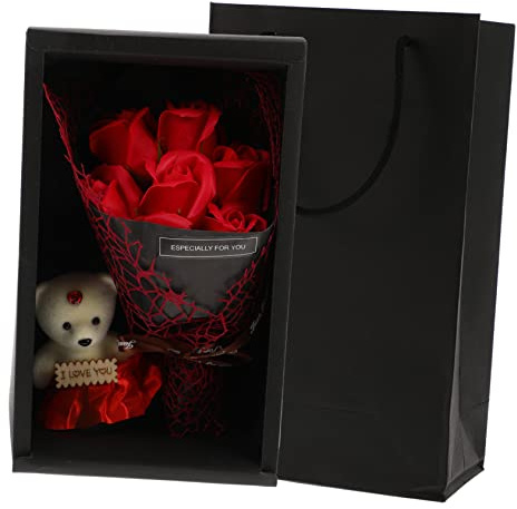 Holibanna 1 Juego Ramo de Flores de Jabón Aromático con Rosas Artificiales y Caja de para San Valentín Bodas y Cumpleaños Incluye Muñeco de Peluche y Bolsa Tote Color Color