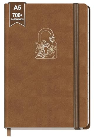 BIROYAL A5 Passwort Buch Deutsch, Platz für über 700 Passwörter, Braun | A-Z Register, 224 Seiten mit 120 g/m²-Premium Papier, Gummiband, Lesezeichen, für Internet-Adressen, Benutzernamen und Logins