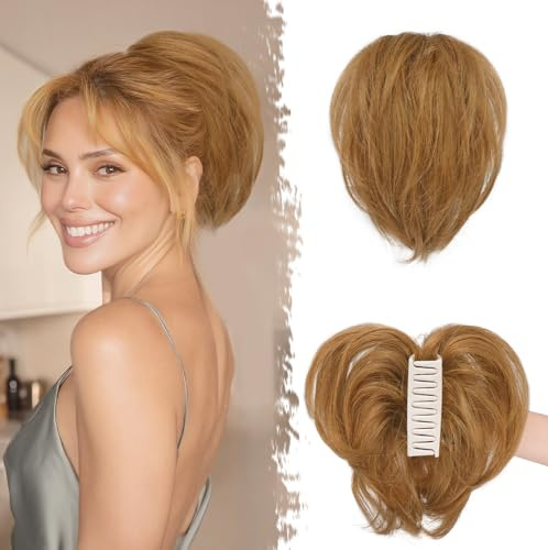 BARSDAR Corta Cola de Caballo Extensiones con Metales Ajustable, DIY Estilos 20cm Pinza Garra Humano Cabello Auburn Marrón Despeinado Moño Postizos para Mujer Gruesa Natural Corta Cola Caballo