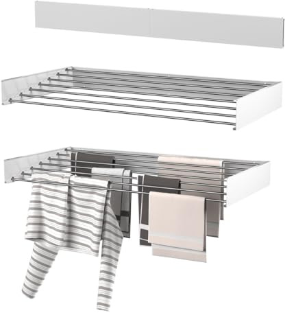 Wasophoogte® Étendoir à Linge Mural – Étendoir Mural Rabattable 120 cm – 8,4 m de Séchage – Séchoir Mural Inclinable – Blanc – Étendoir à Linge Compact