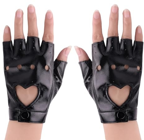 Pryon Leather Fingerless Gloves,PU Punk Half Fingers Glasses Hollow Out Faux Biker Driving Costume Accessories,for Women Men Halloween Cosplay Performance Motorcycle Player Dance Hip Hop Rock (Black)