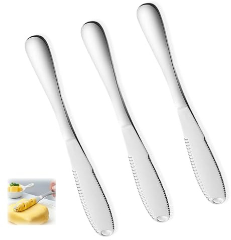 pozuauoa 3 Pcs Butter Knife Spreader, Butter Knives 3 in 1 Stainless Butter Curler Tool, Butter Spreader with Perforated and Serrated Edges, Suitable for Apply Breakfast Cheese Jam (Silver)