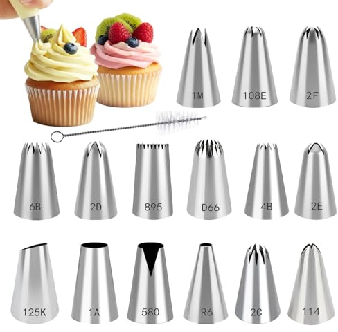 Ruimooto Lot de 15 douilles professionnelles en acier inoxydable 304, grandes douilles pour poche à douille + 1 brosse de nettoyage, pour gâteaux, cupcakes, décoration de biscuits