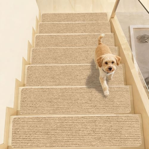 15 Stück Treppenstufen Matten, 55x22 cm Treppenmatten, Beige Türmatte Wasserabweisend, Rechteckig Selbstklebend Antirutsch Treppe Stufenmatten Innen, für Schützen Haustiere, Senioren Kinder