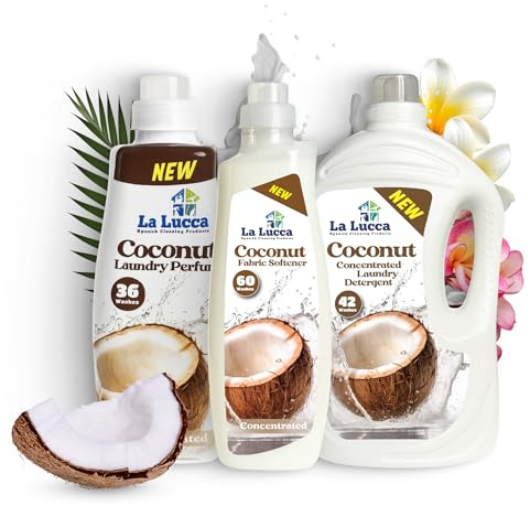 LaLucca Coconut Laundry Bundle | Detergent, Fabric Softener & Laundry Perfume | Spanish Cleaning Products | Washing Supplies