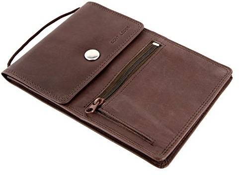 ReNa-Retail Brustbeutel Leder - Schwarz Braun Vintage Geldbeutel Geldbörse Umhängen Sichtfenster Mädchen Jungen Junge Kinder Busausweis Kleingeld Geldbeutel Sichtfach RFID Reißverschluss Reise