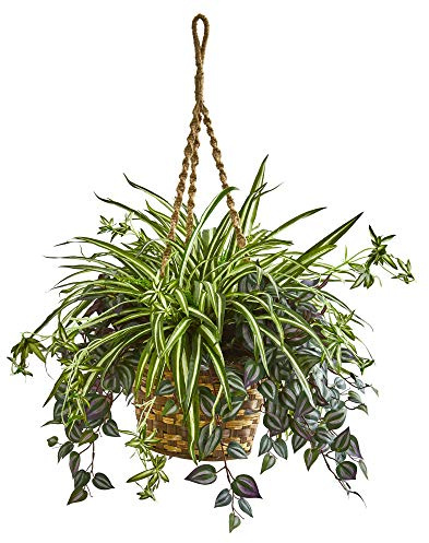Nearly Natural 30in. Wandering Jew & Spider Artificial Plant in Hanging Basket