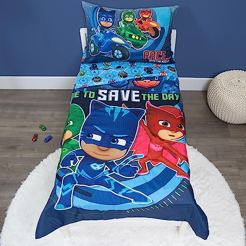 PJ MASKS Time to Save The Day - Set di biancheria da letto, 4 pezzi, colore: Blu