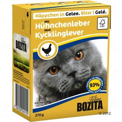 Bozita Chunks in Jelly Mega-Pack Getreidefreies komplettes Nassfutter für stärkeres Immunsystem, klarere Sicht, glänzendes und weiches Fell - Hühnerleber, 32 x 370 g