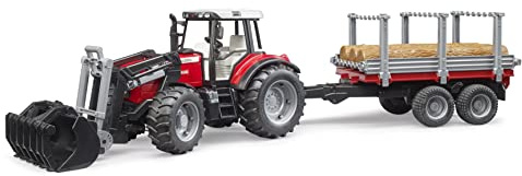 bruder 02046 - Massey Ferguson 7480 Traktor mit Frontlader | Inklusive Holztransportanhänger und 3 Baumstämmen, Maßstab 1:16