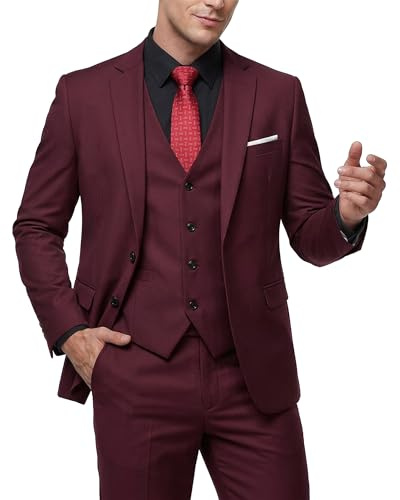 MY'S Herr 3-delat set med smal passform, 2 knappar blazer jacka väst och byxor, business bröllopsfest bal kostym för män, Vinröd, XS