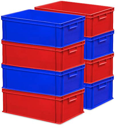 BRB Lot de 8 boîtes empilables 600 x 400 x 220 mm, PP, qualité industrielle, qualité alimentaire, 4 x bleu, 4 x rouge