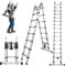 Qimu Scala telescopica da 5 m, in alluminio, allungabile, 2,5 m + 2,5 m, con stabilizzatore, scala in alluminio flessibile per esterni