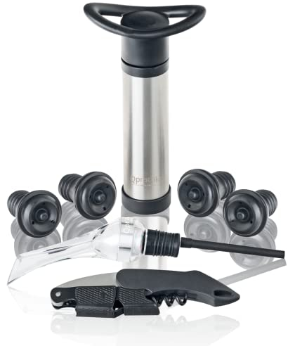 Qpractiko | Coffret accessoires vin, acier inoxydable argent | Pompe à vide, bouchons silicone, tire-bouchon deux temps, aérateur | Conservation, fraîcheur, dégustation