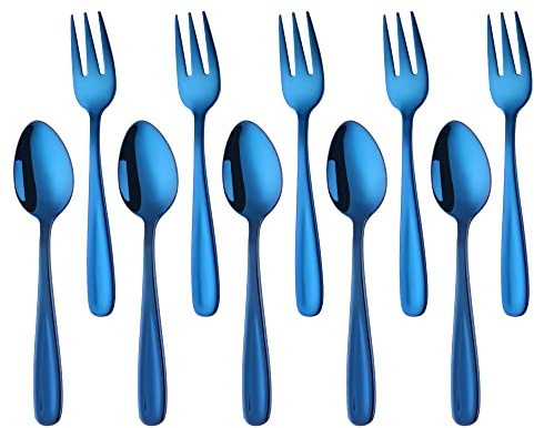 YDware Blau Klein Kuchengabeln Teelöffel Set 10 stück aus Rostfreiem Edelstahl 18/10 Espressolöffel Dessertgabeln Set, Obstgabeln Kaffeelöffel 136mm Läng, Wiederverwendbar